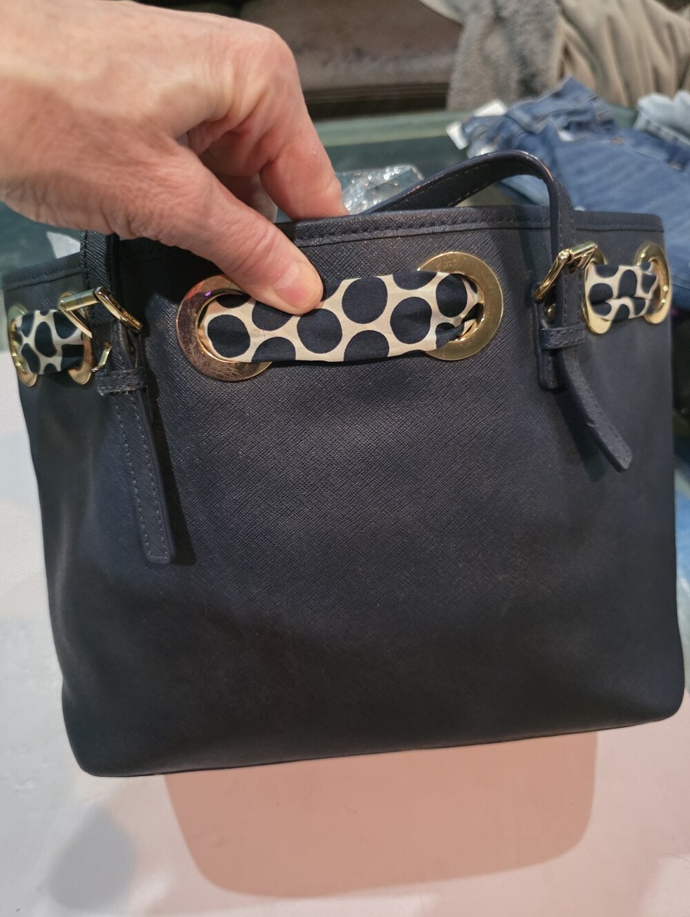 New Michael Kors Navy Saffiano Leather Tote with Polka Dot Scarf Accent - Picture 3 of 6
